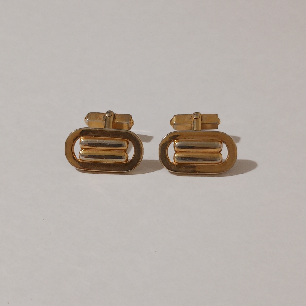 VTG Swank Gold Tone Ribbed Double Bar Oval Cufflinks Mid-Century Modern Formal